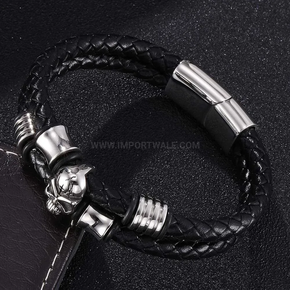 Bold Stainless Steel Skull Accent Braided Leather Bracelet with Magnetic Clasp