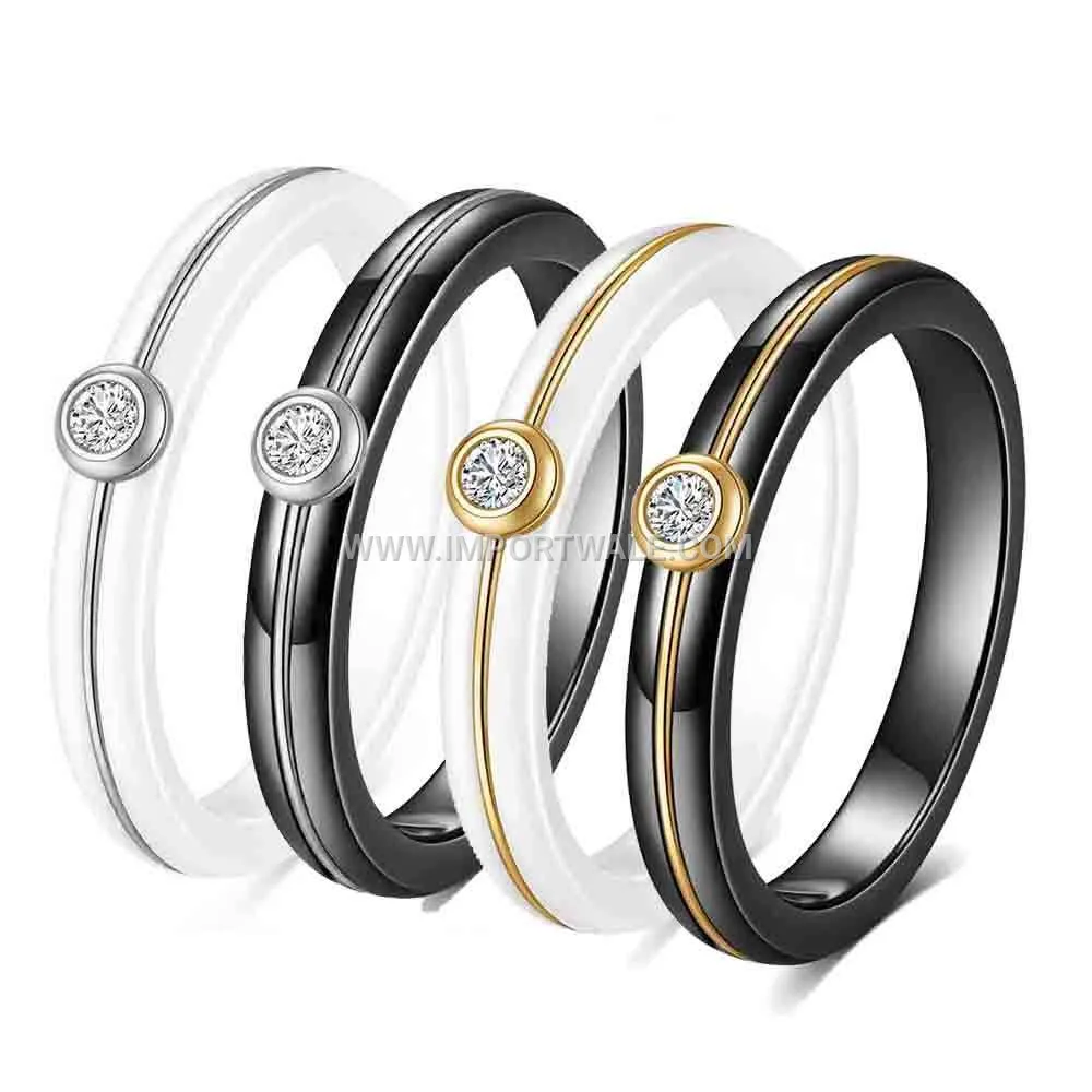 Stainless Steel and Ceramic Rhinestone Inlaid Ring