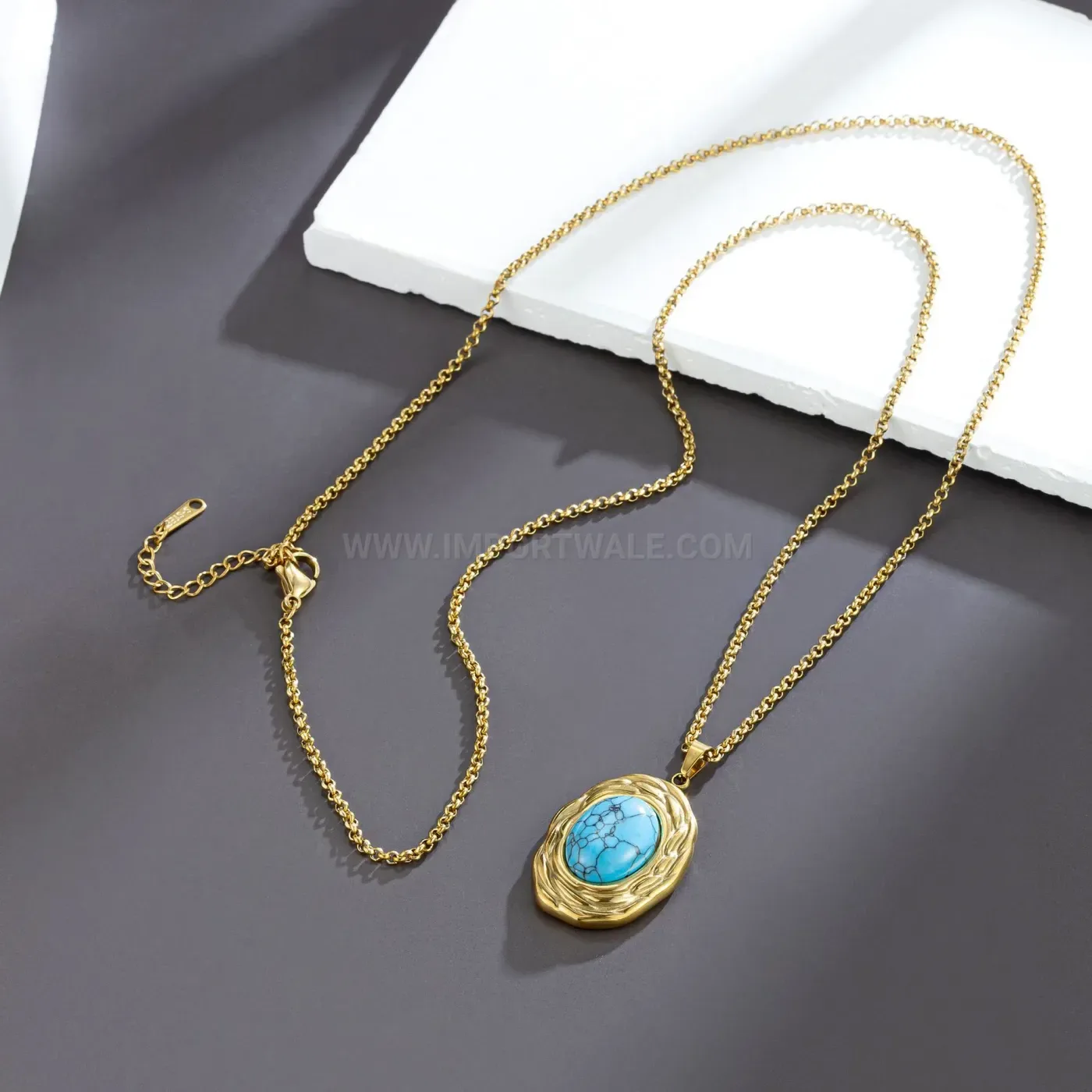 Trendy Vintage Turquoise Oval Pendant Titanium Steel Chain Necklace
