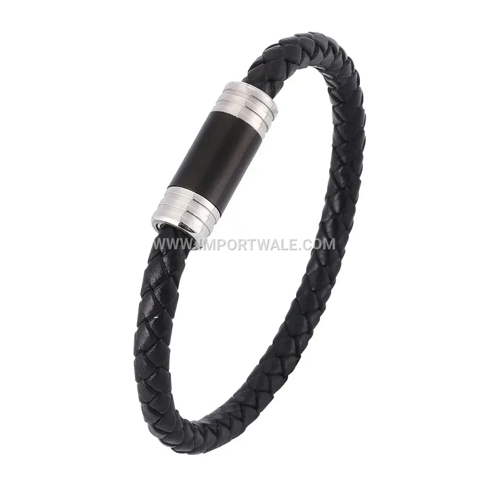 Woven Leather Strand Wristband with Black Metal Clasp