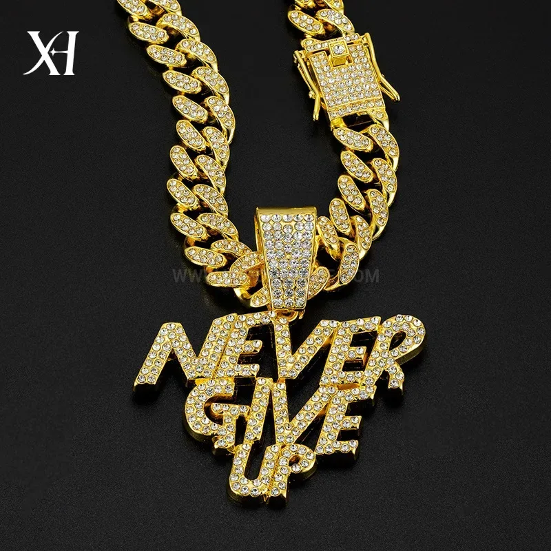 Full Rhinestone Never Give Up Letter Pendant Cuban Chain