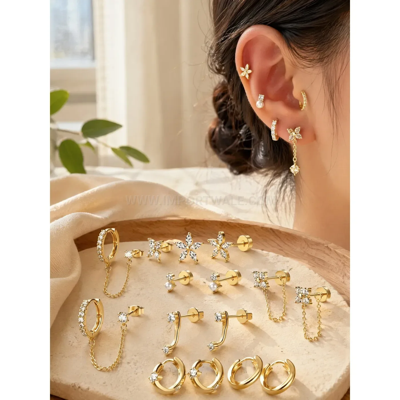 Modern Sparkling Rhinestone Geometric Chain Stainless Steel Ear Piercing Set