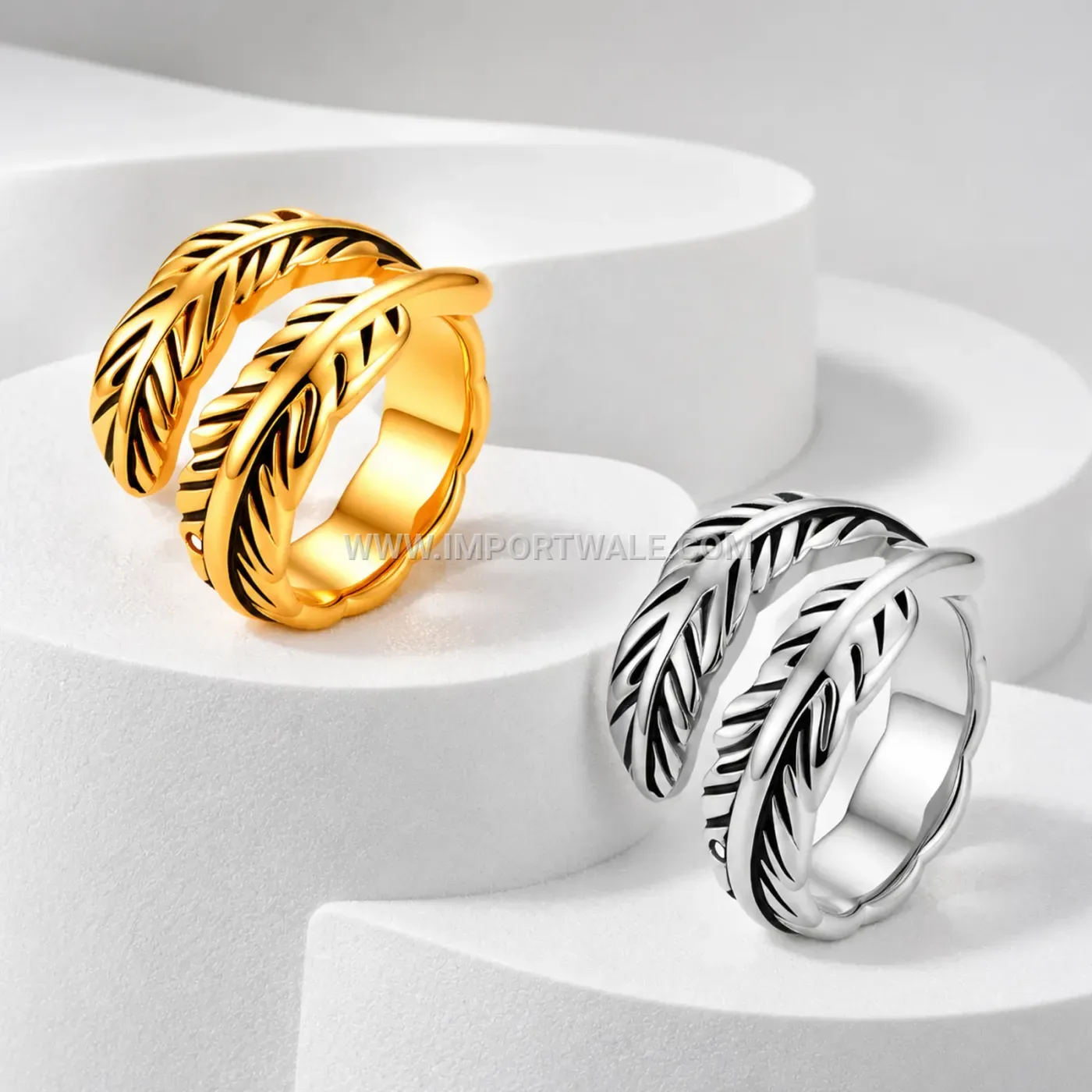 Vintage Feather Carved Stainless Steel Adjustable Open Ring