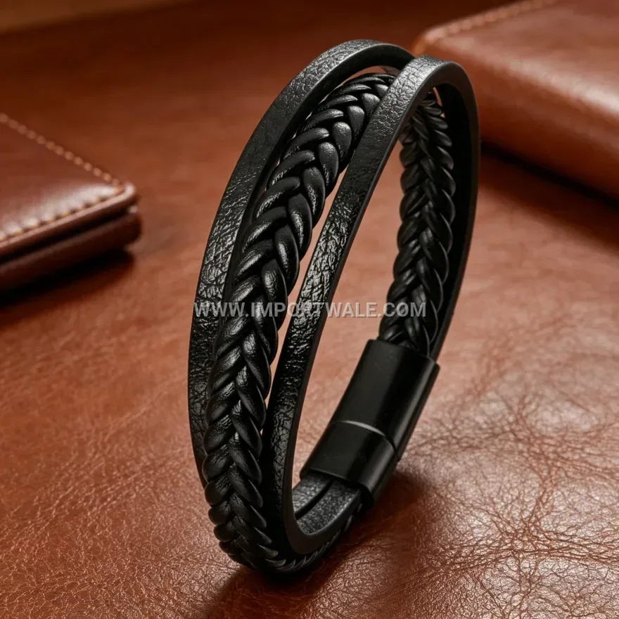 Double Strand Braided PU Leather Magnetic Wristband Bracelet