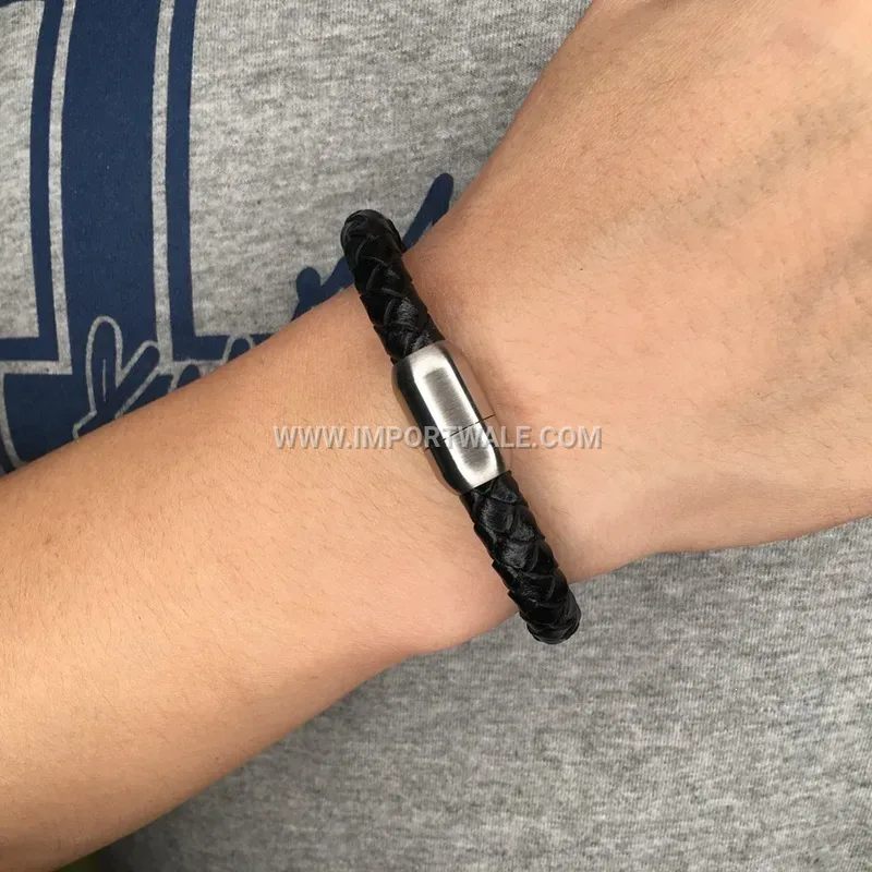 Retro Braided Leather Stainless Steel Magnetic Clasp Cuff Bracelet