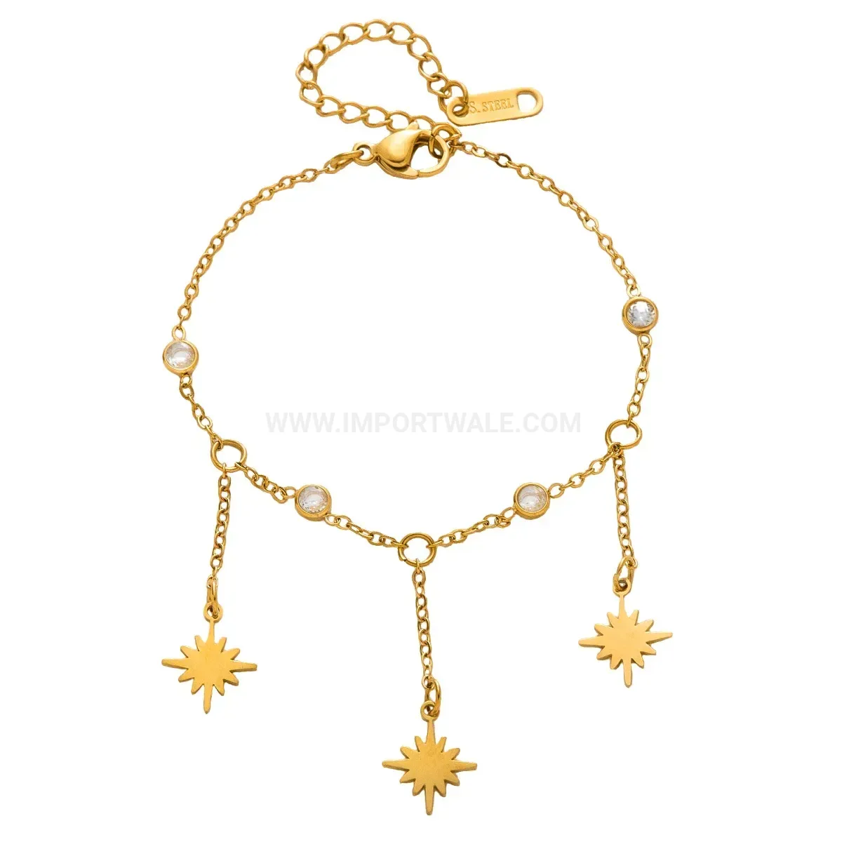 Stainless Steel Eight Point Star Tassel Bracelet with Cubic Zirconia Accent
