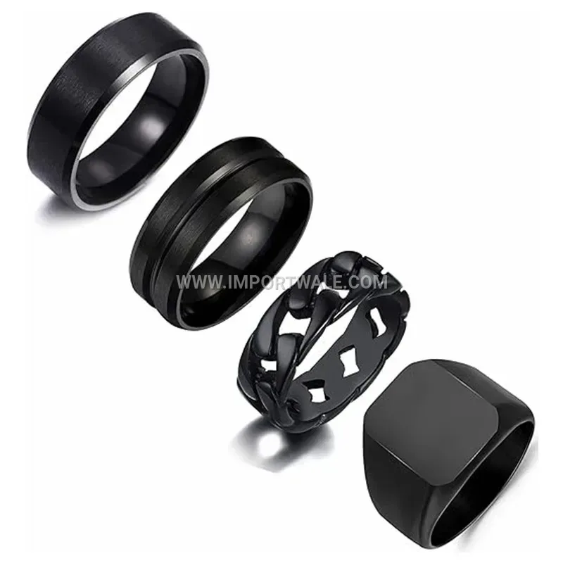Men Black Stainless Steel Signet Ring Set