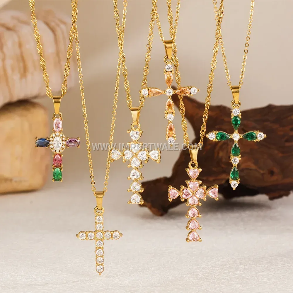 Gold Plated Stainless Steel Zircon Cross Pendant Necklace