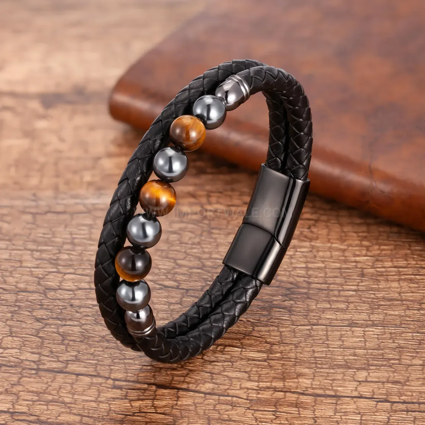 Beaded Stone Leather Combination Bracelet Stainless Steel Clasp
