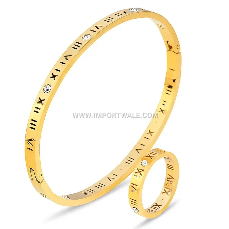 Roman Numeral Cutout Rhinestone Bangle and Ring Set