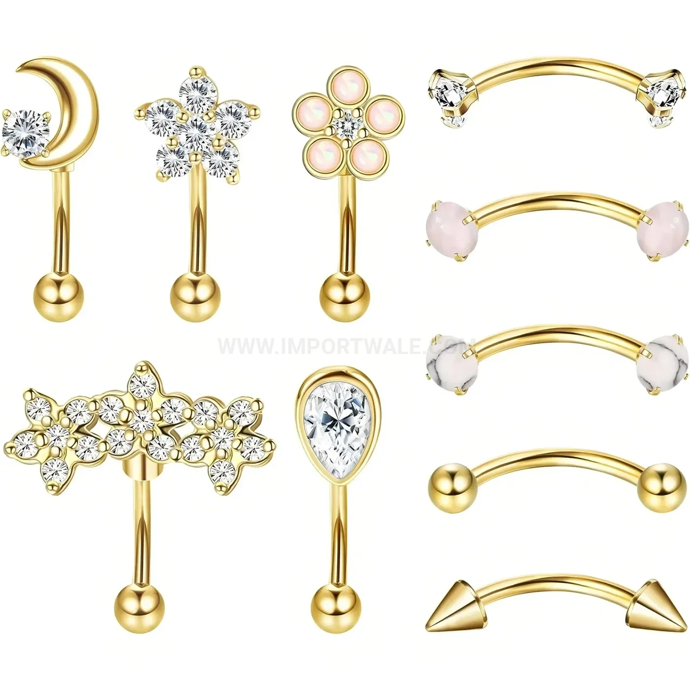 Elegant Cubic Zirconia Crescent Flower Stainless Steel Body Piercing Set