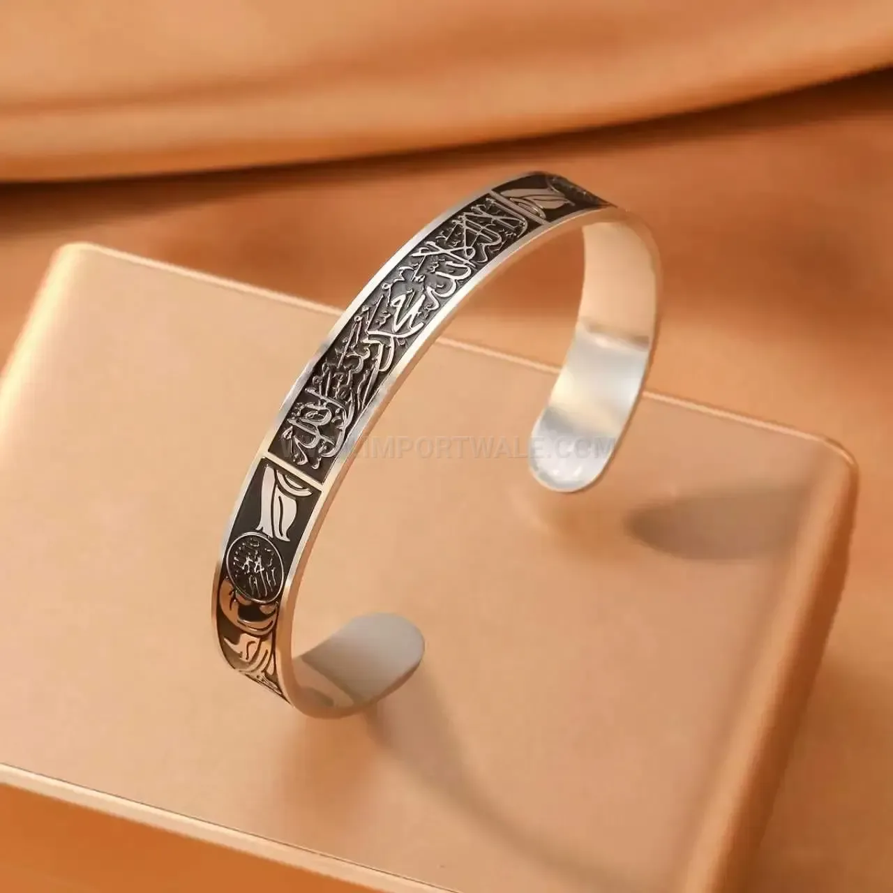 Stainless Steel Ayat Al Kursi Black Enamel Islamic Cuff Bangle