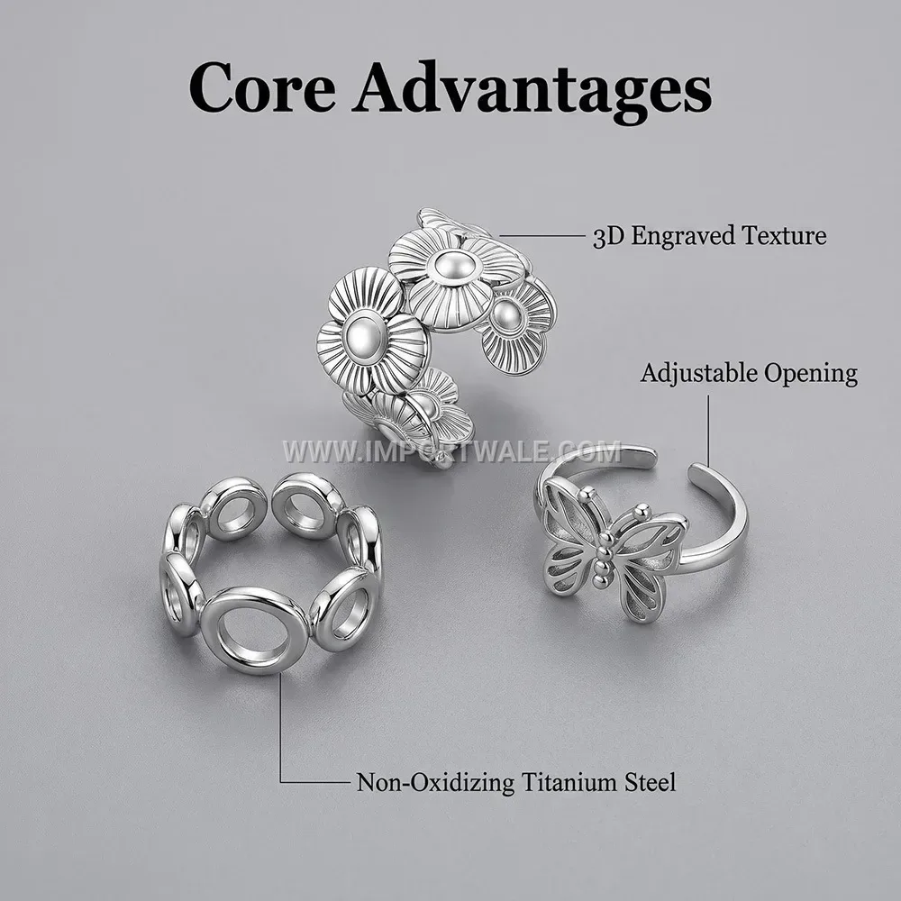 Adjustable Floral Motif Gold Plated Stainless Steel Open Ring