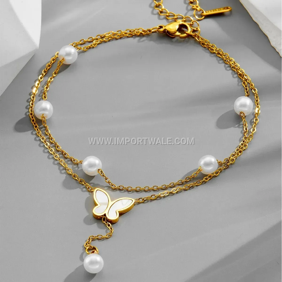 Layered Pearl Butterfly Tassel Titanium Steel Anklet