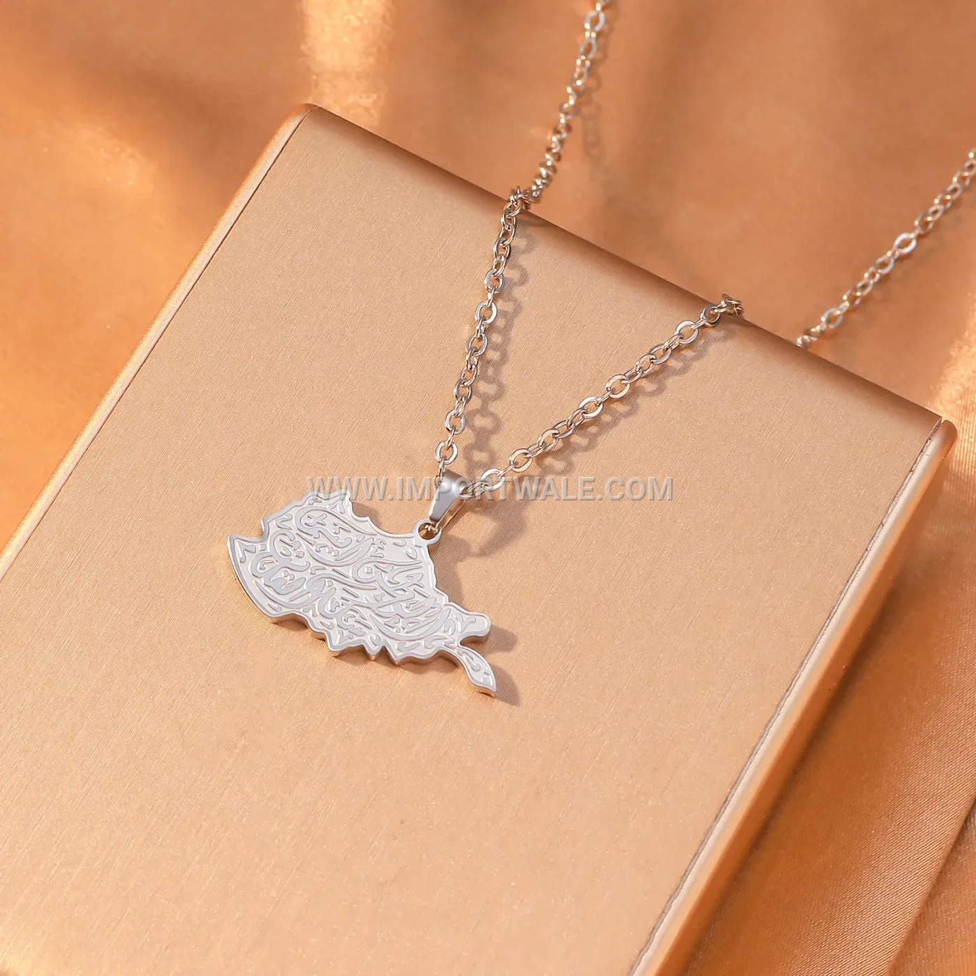 Stainless Steel Arabic Calligraphy Map Pendant Islamic Religious Necklace