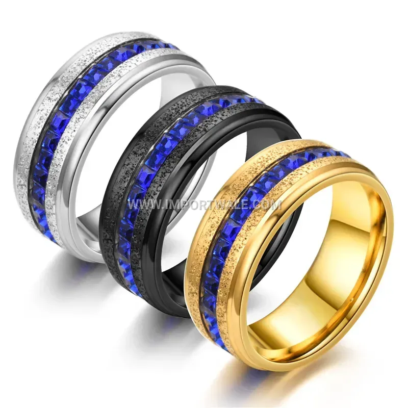 Stainless Steel Band Ring with Blue Cubic Zirconia