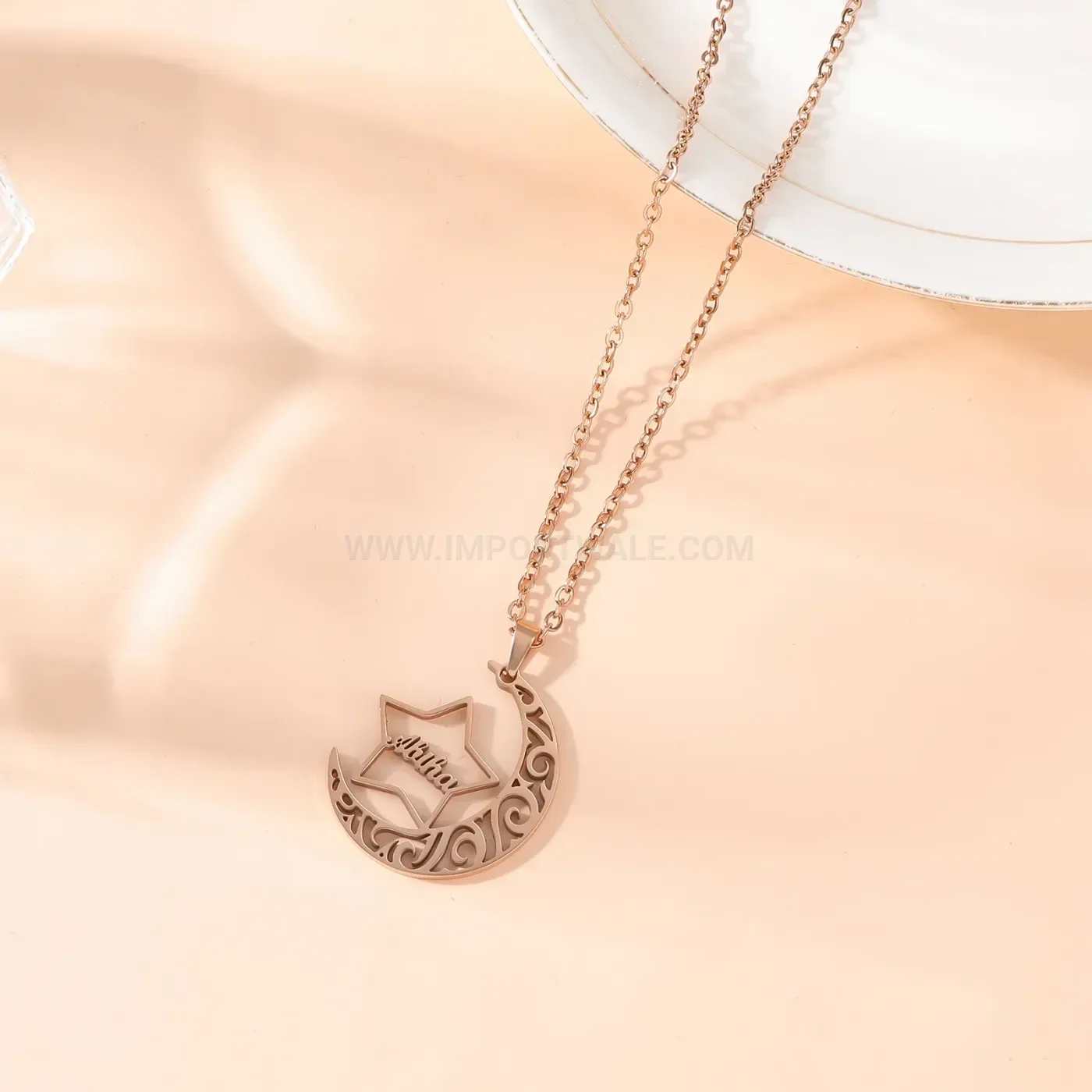 Chic Crescent Moon Star Arabic Script Stainless Steel Islamic Necklace