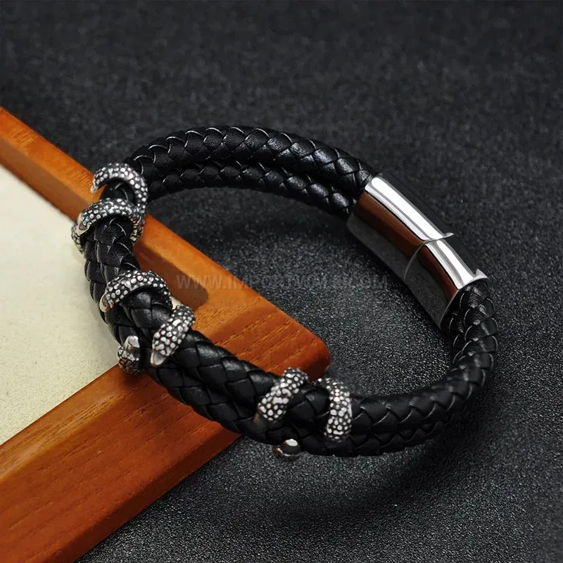 Modern Claw Accent Braided Leather Stainless Steel Men Cuff Bracelet