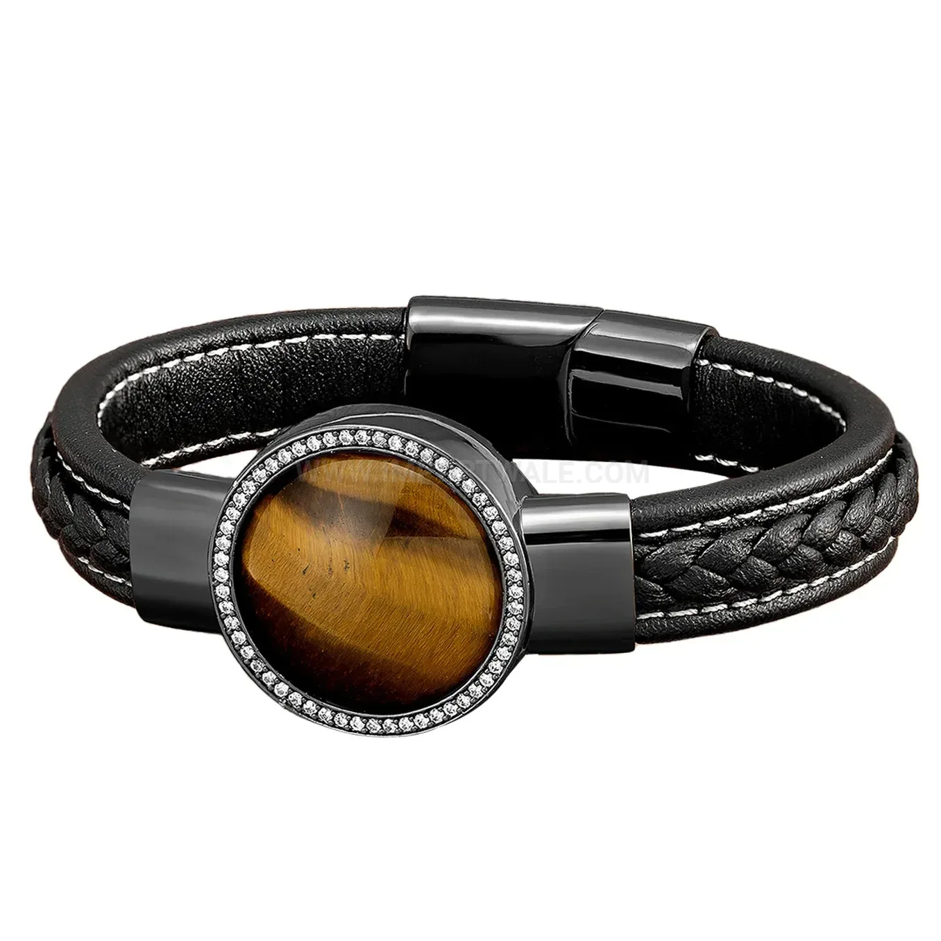 Vintage Leather Stone Bracelet with Zircon Inlay and Stainless Clasp