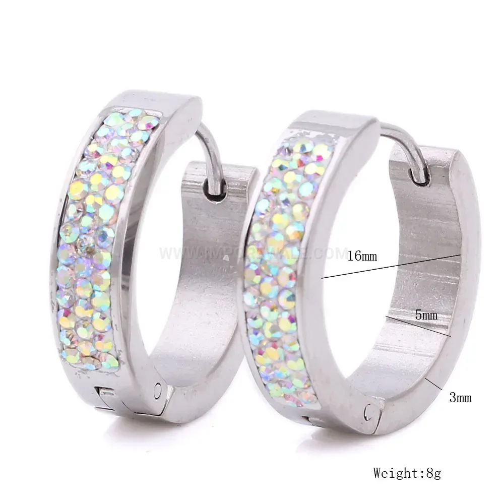Designer Triple-Row Crystal Embellished Stainless Steel Huggie Earrings