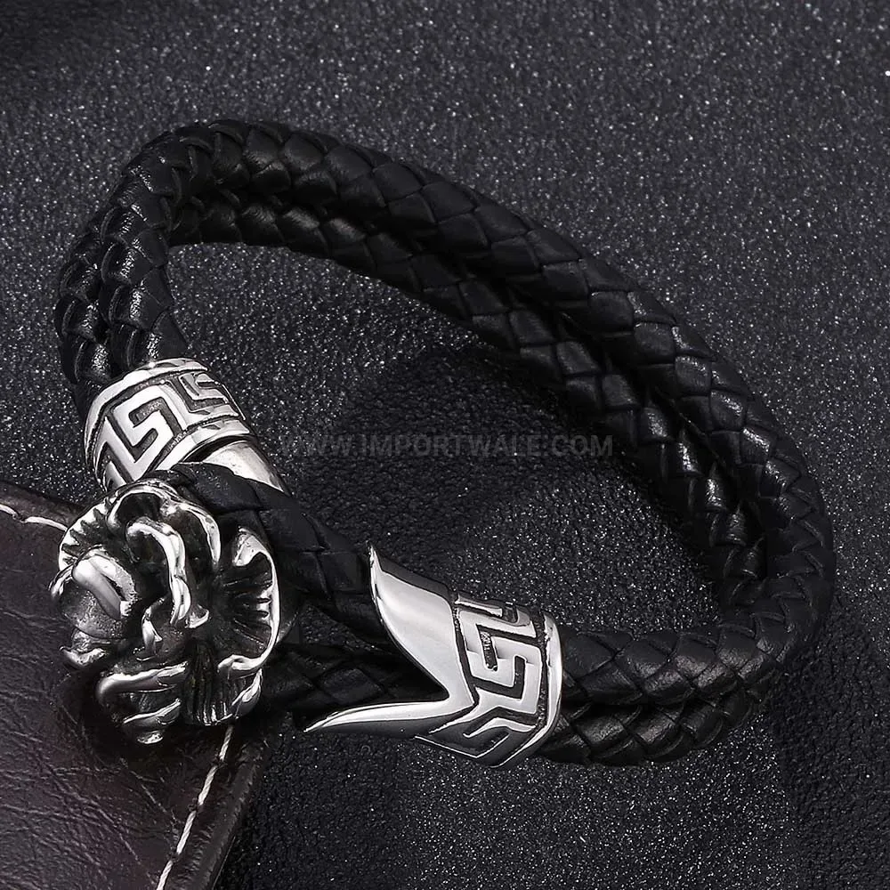 Vintage Camellia Stainless Steel Braided Leather Bracelet