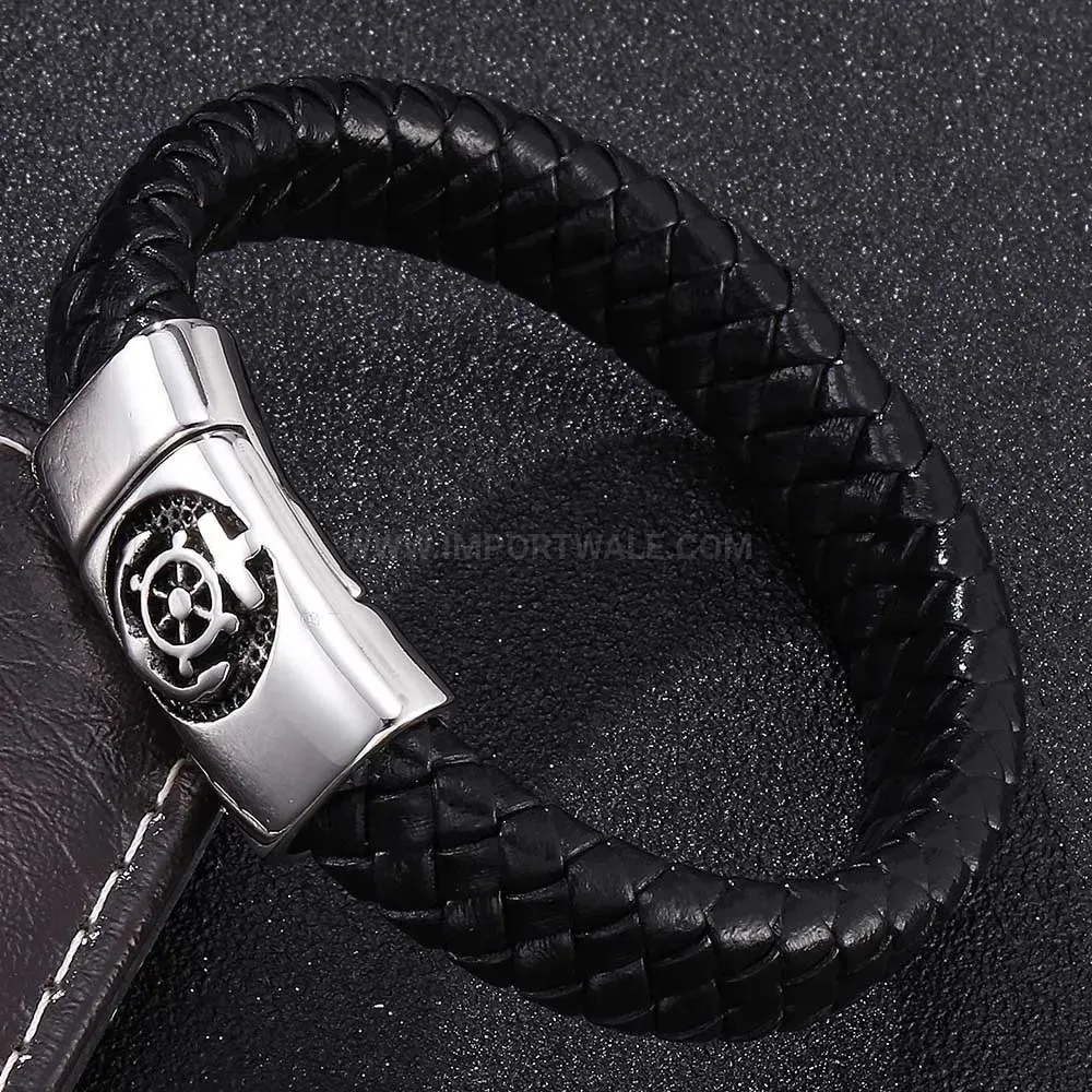 Modern Nautical Anchor Stainless Steel Leather Magnetic Bangle