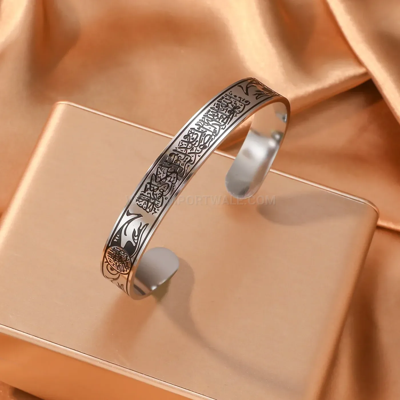 Stainless Steel Ayat Al Kursi Black Enamel Islamic Cuff Bangle