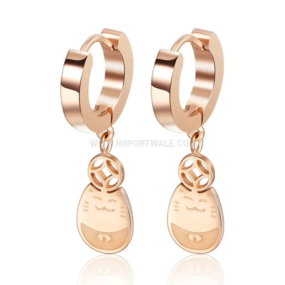 Rose Gold Stainless Steel Fortune Cat Coin Huggie Earrings