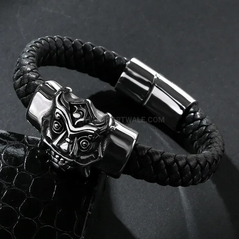 Trendy Skull Mask Stainless Steel and Leather Men's Statement Bracelet