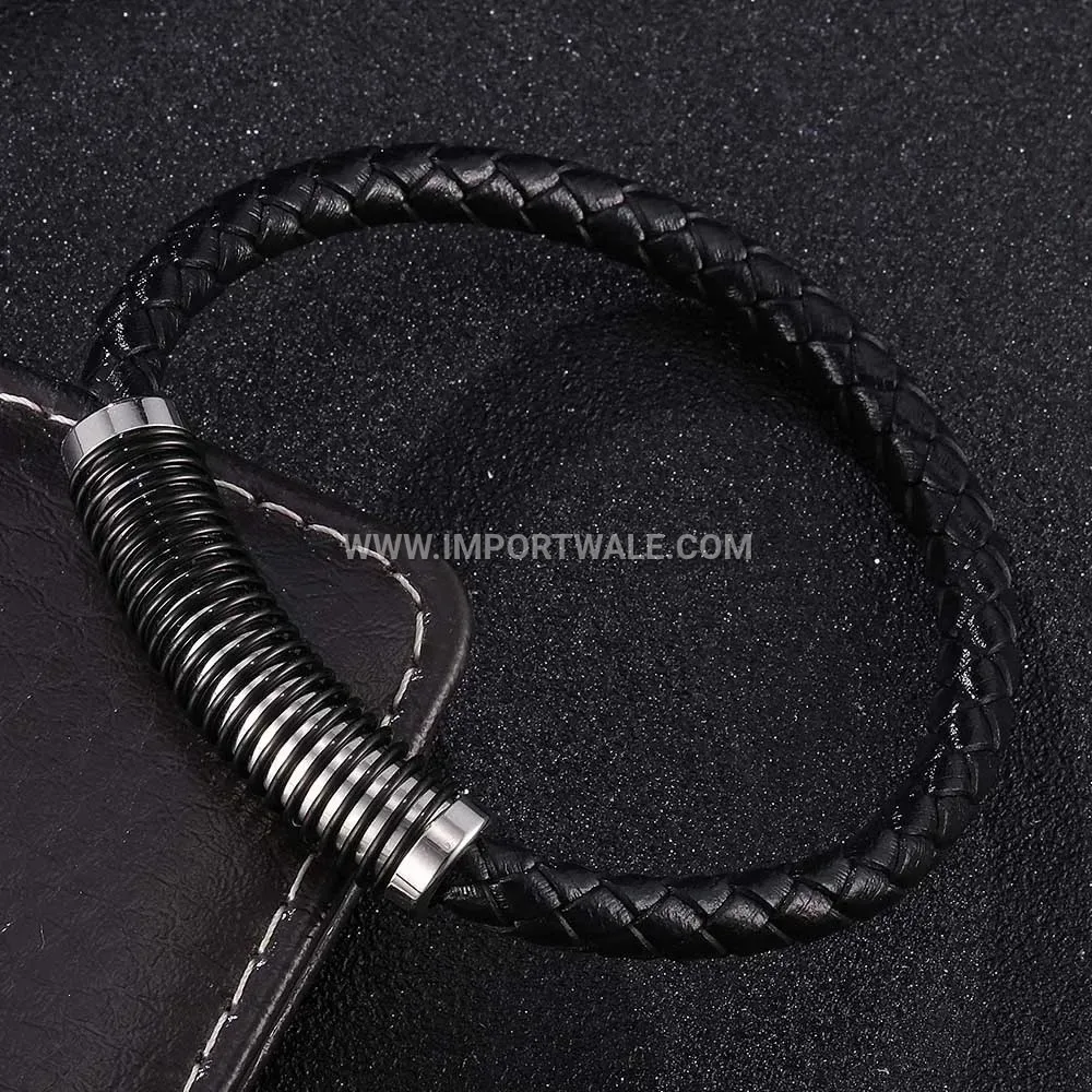 Braided Leather Wristband with Stainless Steel Magnetic Clasp