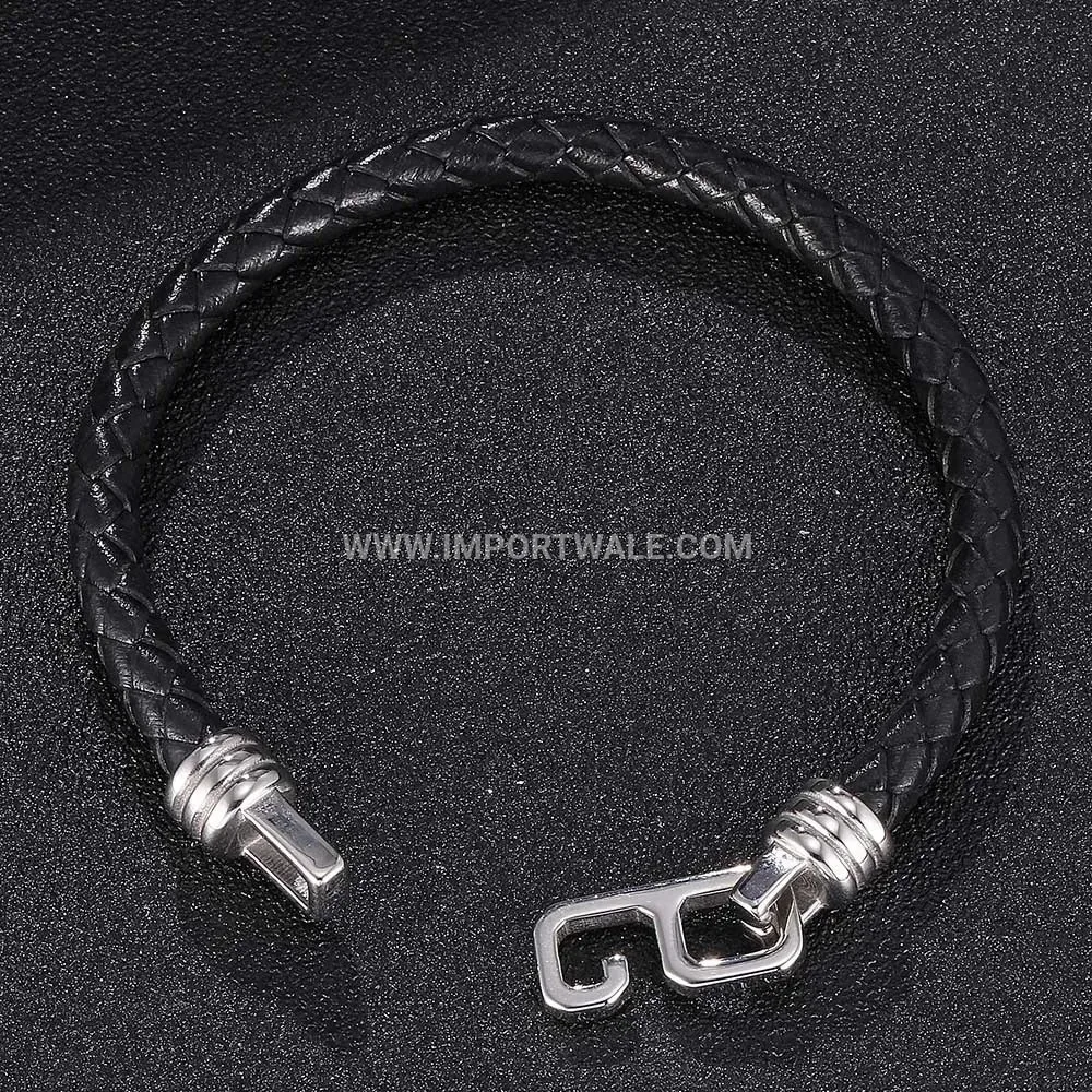 Men's Single Strand Leather Stainless Steel Snap Buckle Bracelet