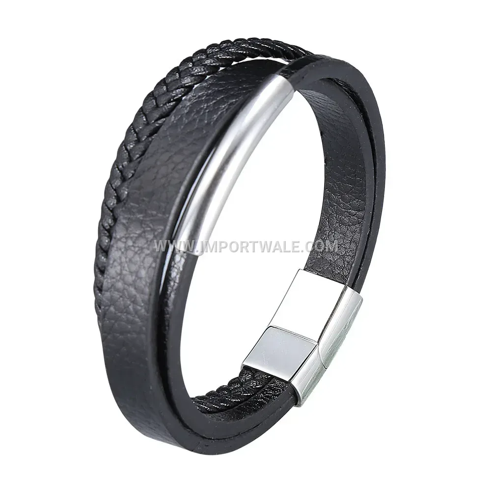 Multi Cord Black Leather Stainless Steel Statement Bracelet for Men