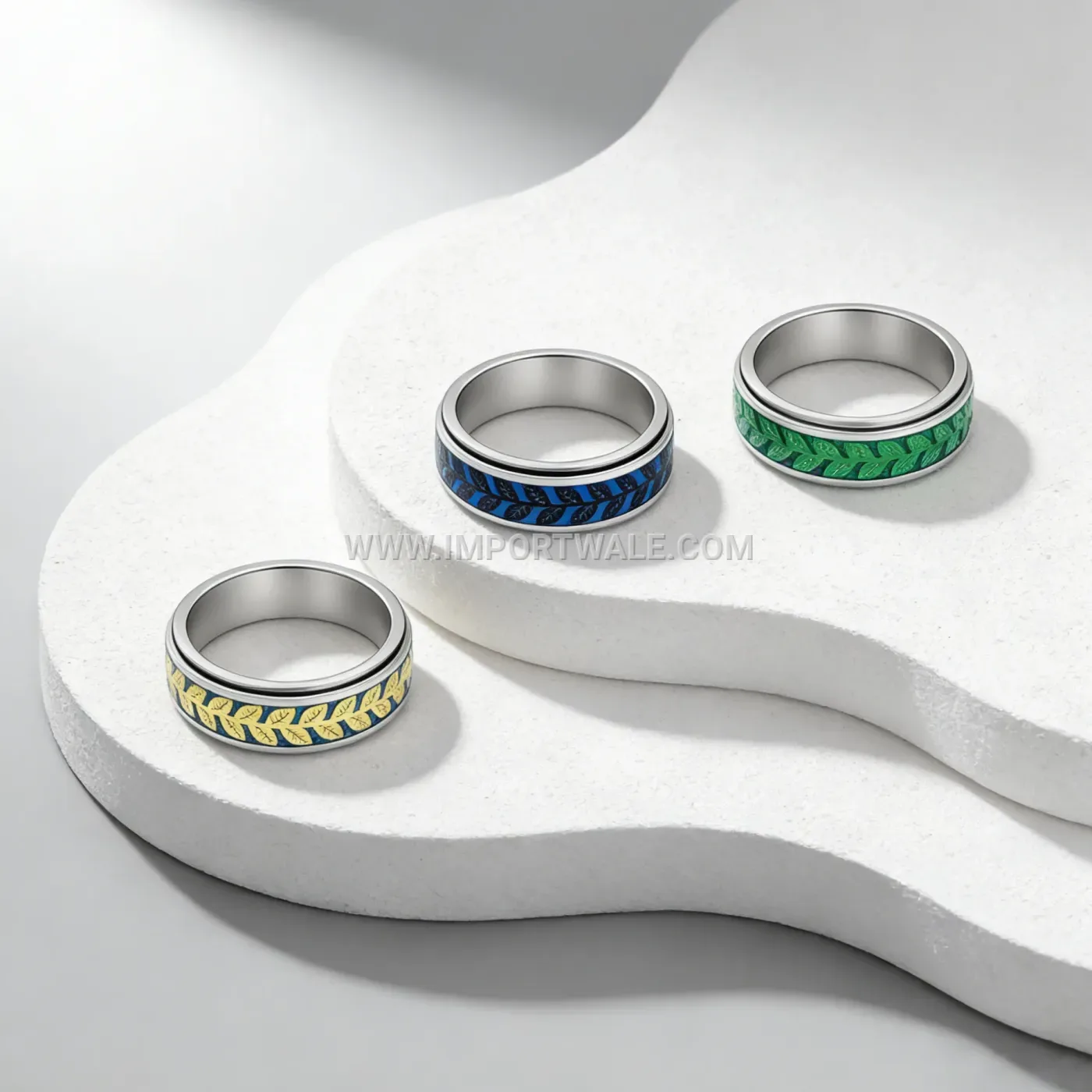 Spinning Olive Leaf Motif Stainless Steel Ring