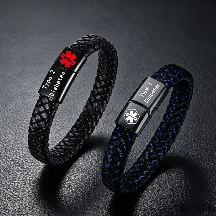 Designer Medical Alert Leather Bracelet with Stainless Steel Magnetic Clasp