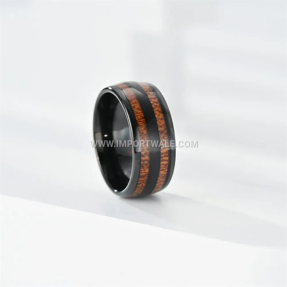 Enamel Inlaid Double Row Wood Grain Stainless Steel Ring