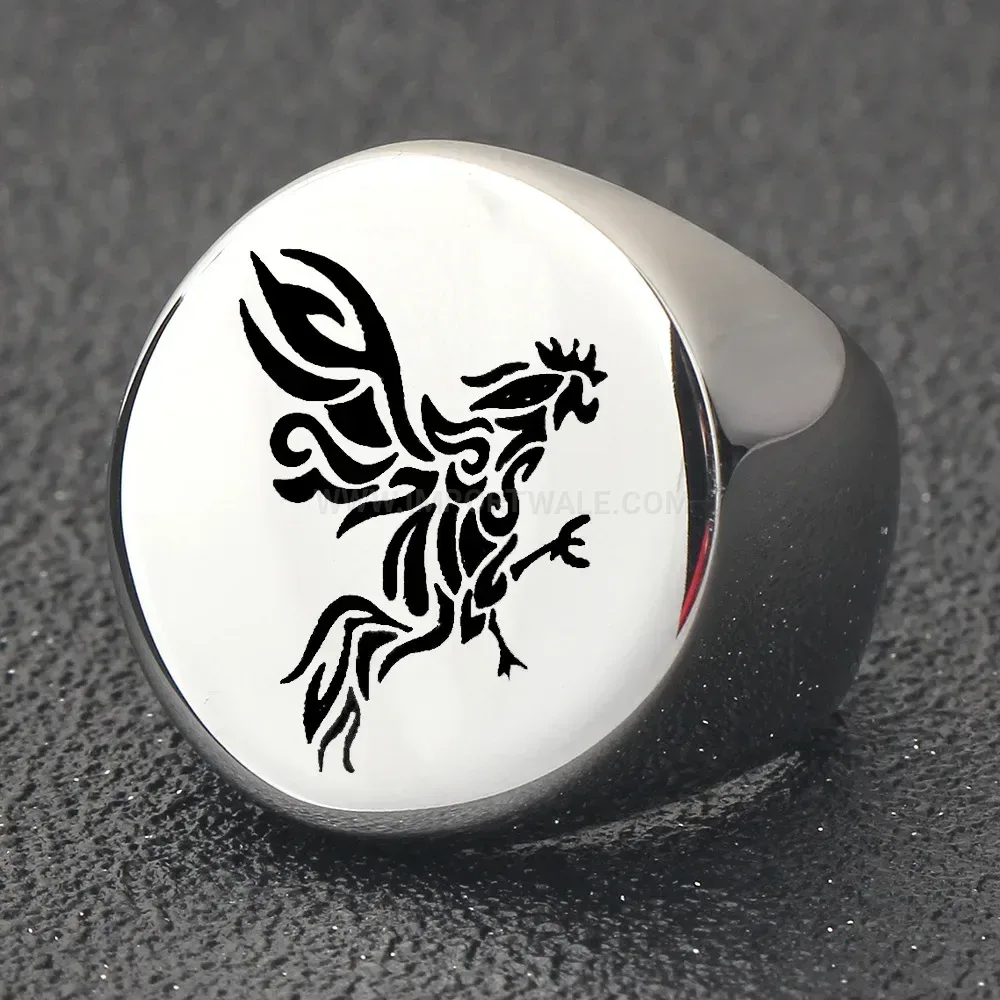 Chic Chinese Zodiac Rooster Laser Engraved Stainless Steel Signet Ring