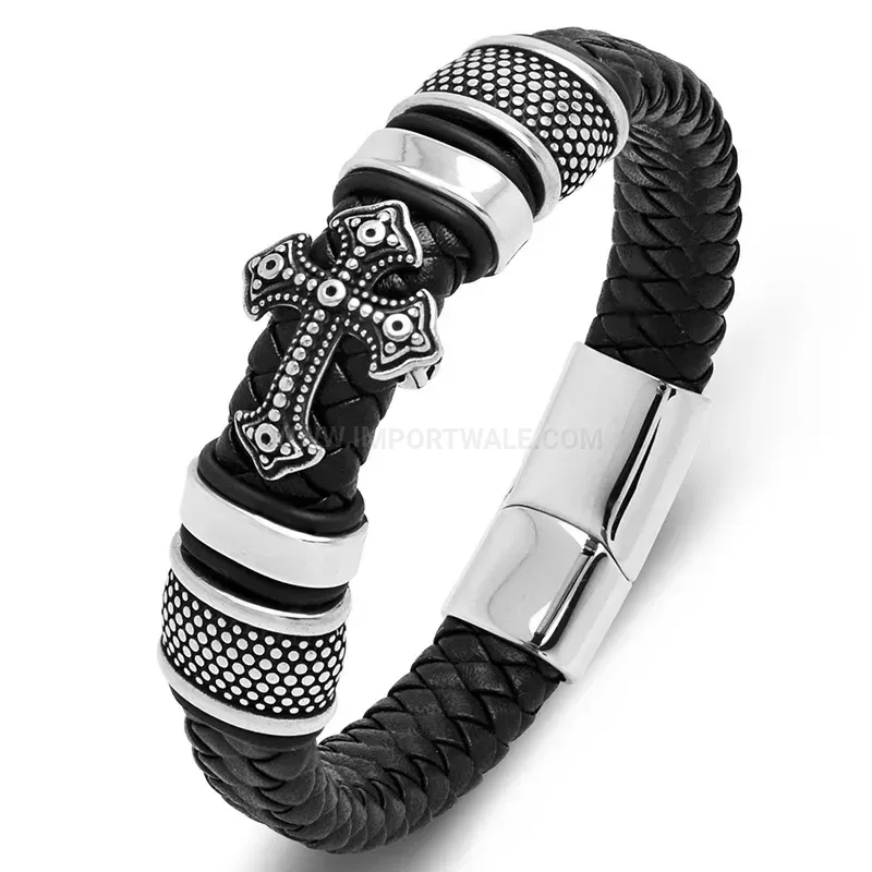 Designer Braided Leather Cross Accent Stainless Steel Men's Bracelet