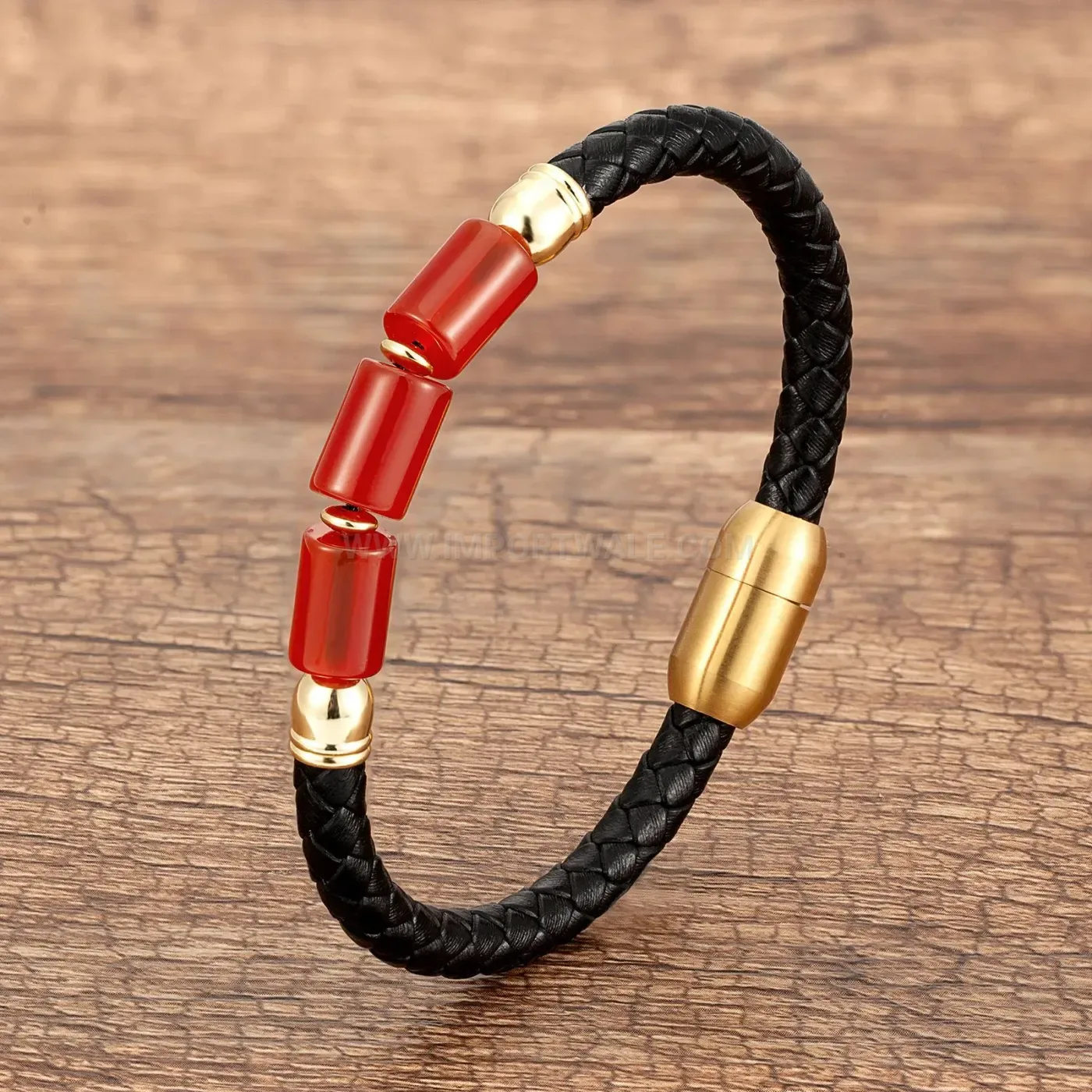 Natural Stone Cylinder Leather Bracelet with Stainless Steel Clasp
