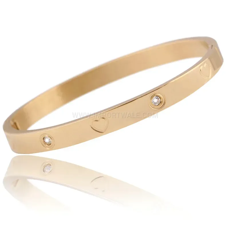 Bold Heart Rhinestone Inlaid Stainless Steel Bangle