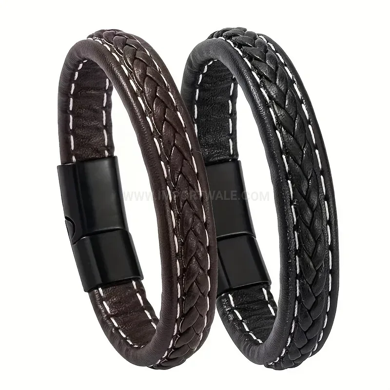 Classic Woven Faux Leather Wrap Bracelet with Alloy Clasp Fastening