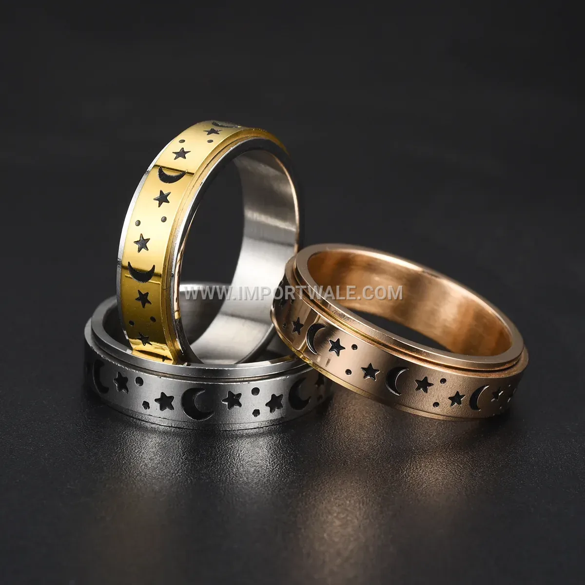 Sun Moon Star Engraved Stainless Steel Spinner Ring