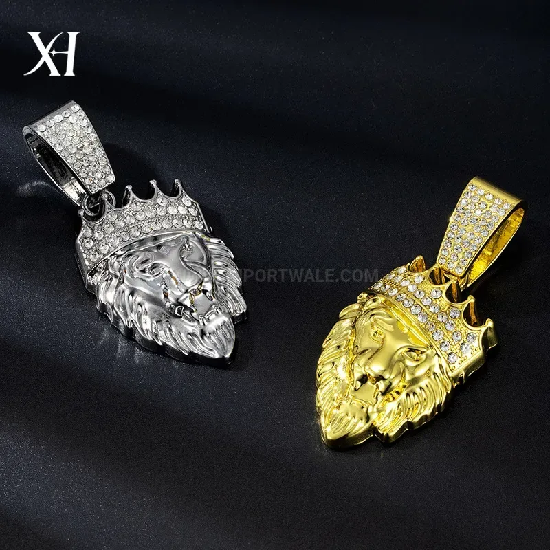 Bold Iced Out Crowned Lion Head Alloy Pendant
