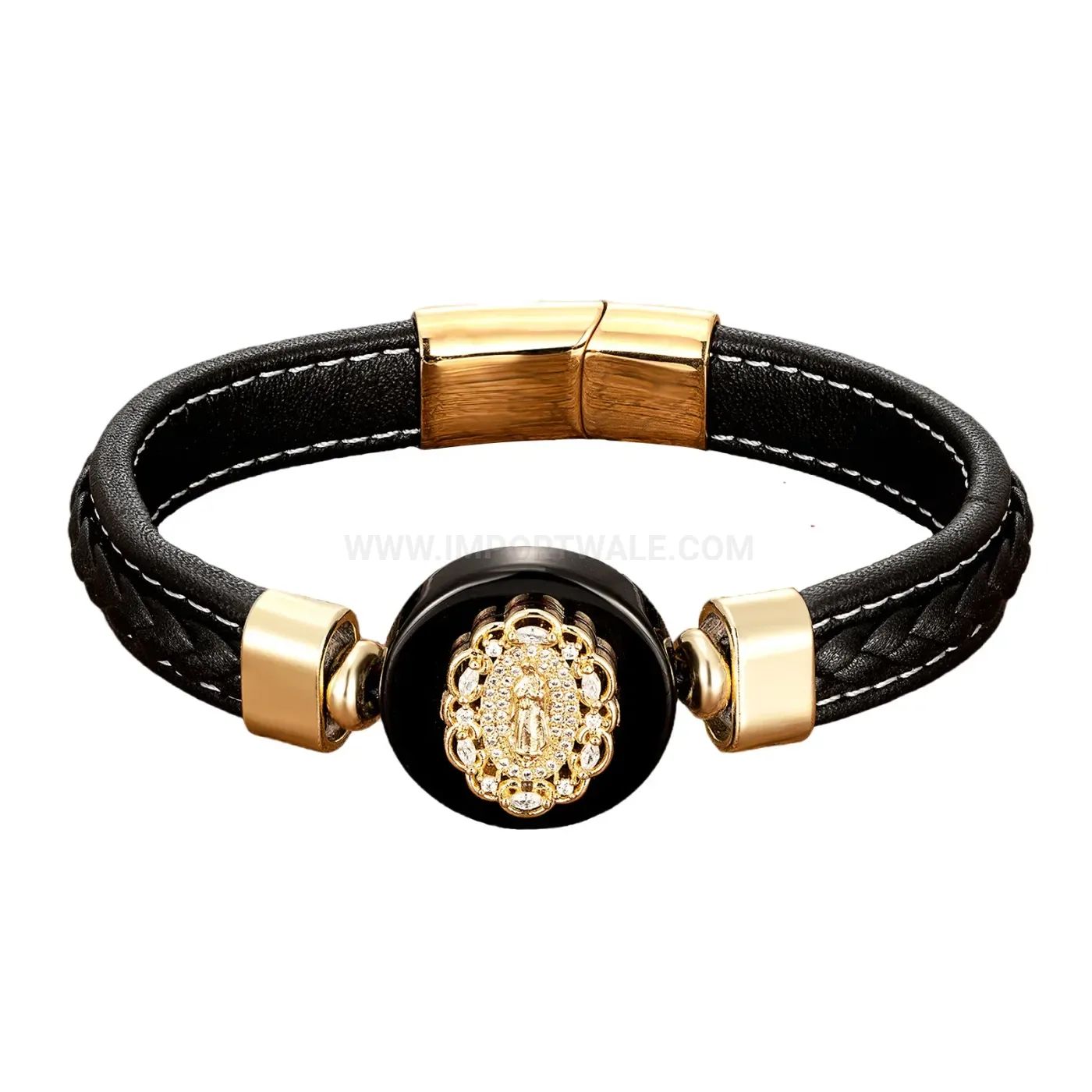 Vintage Gold Stainless Steel Woven Leather Stone Bracelet