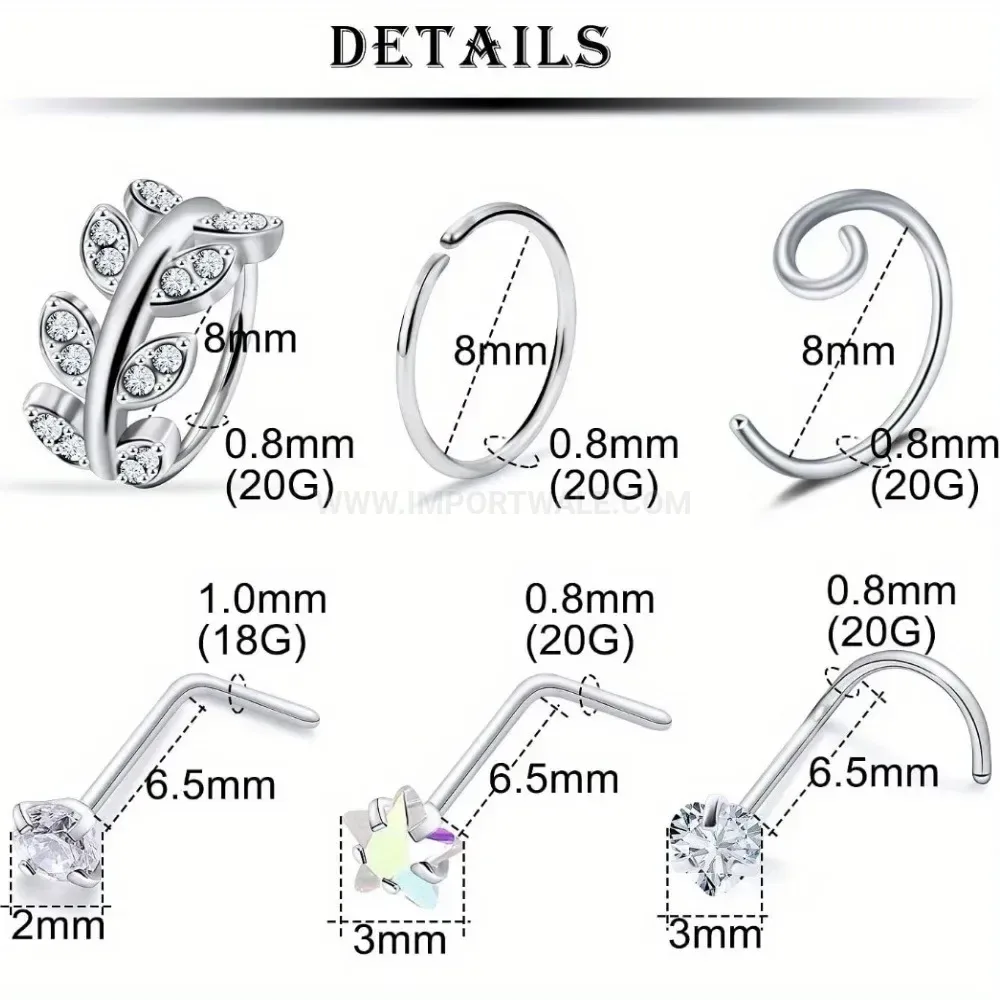 Bold Delicate Gemmed L-Shaped Stainless Steel Nose Stud Set