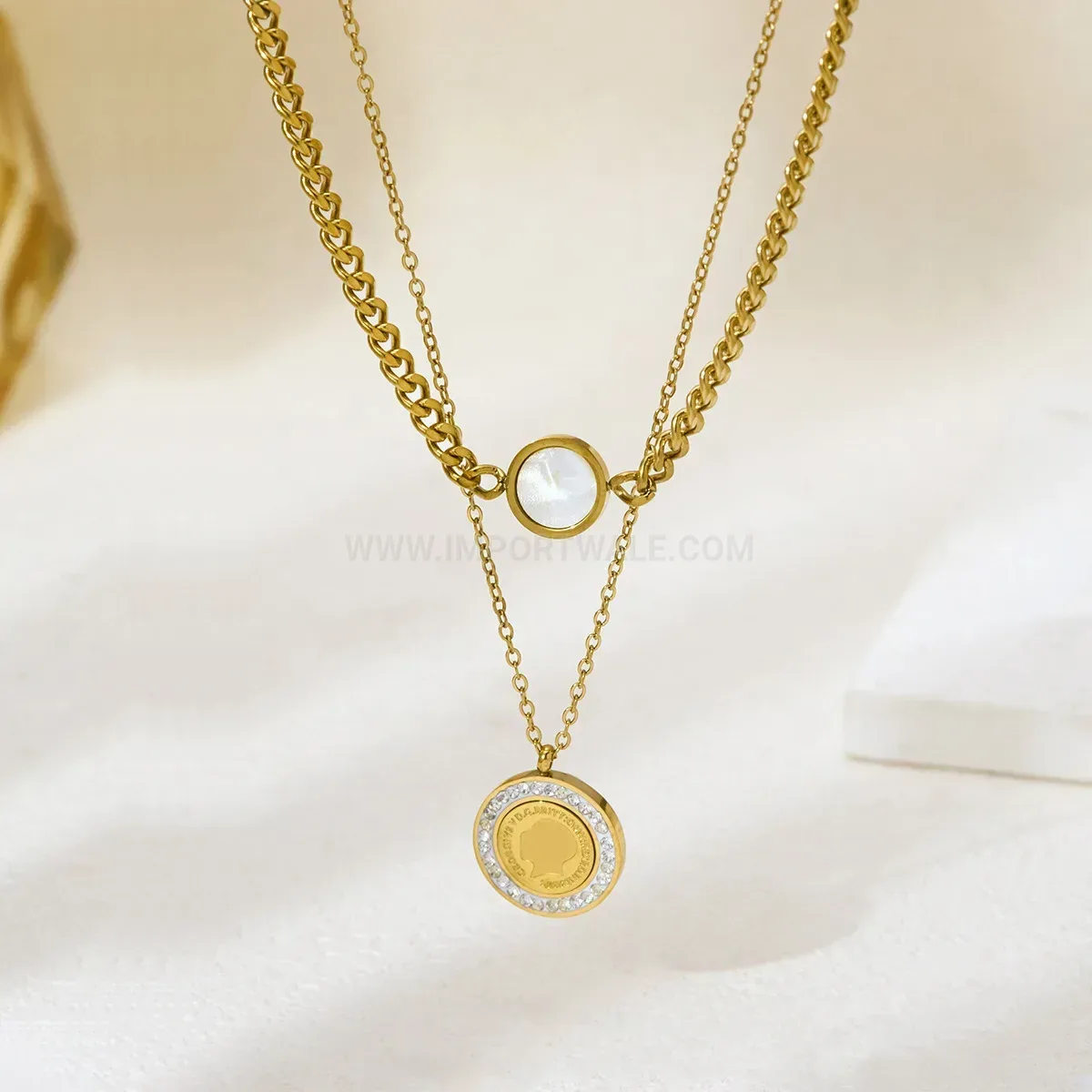 Gold Oval White Shell Portrait Stainless Steel Pendant Necklace