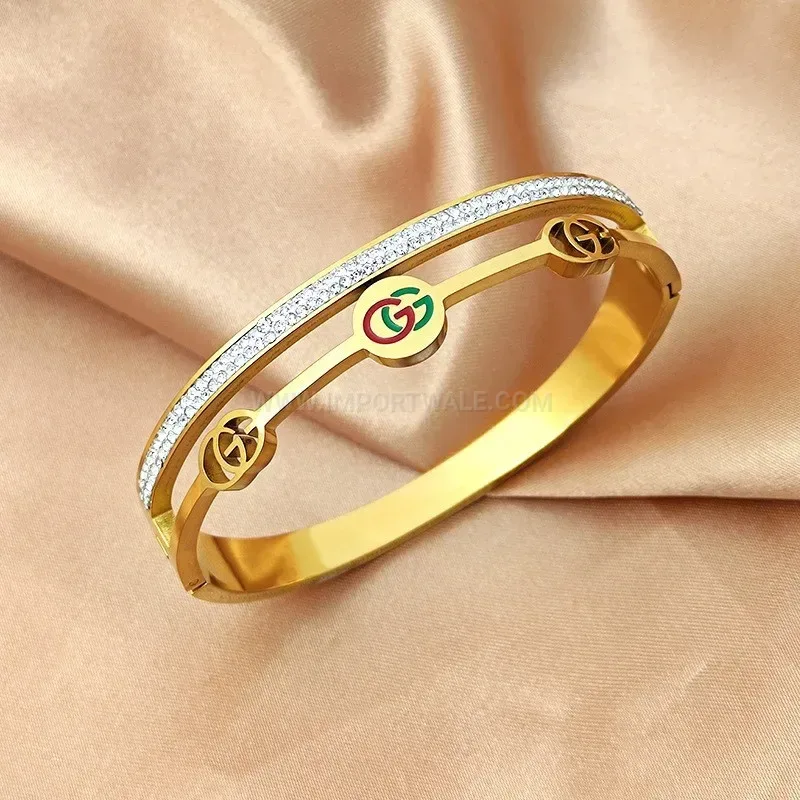 Bold Rhinestone Red and Green Patterned Titanium Steel Bangle