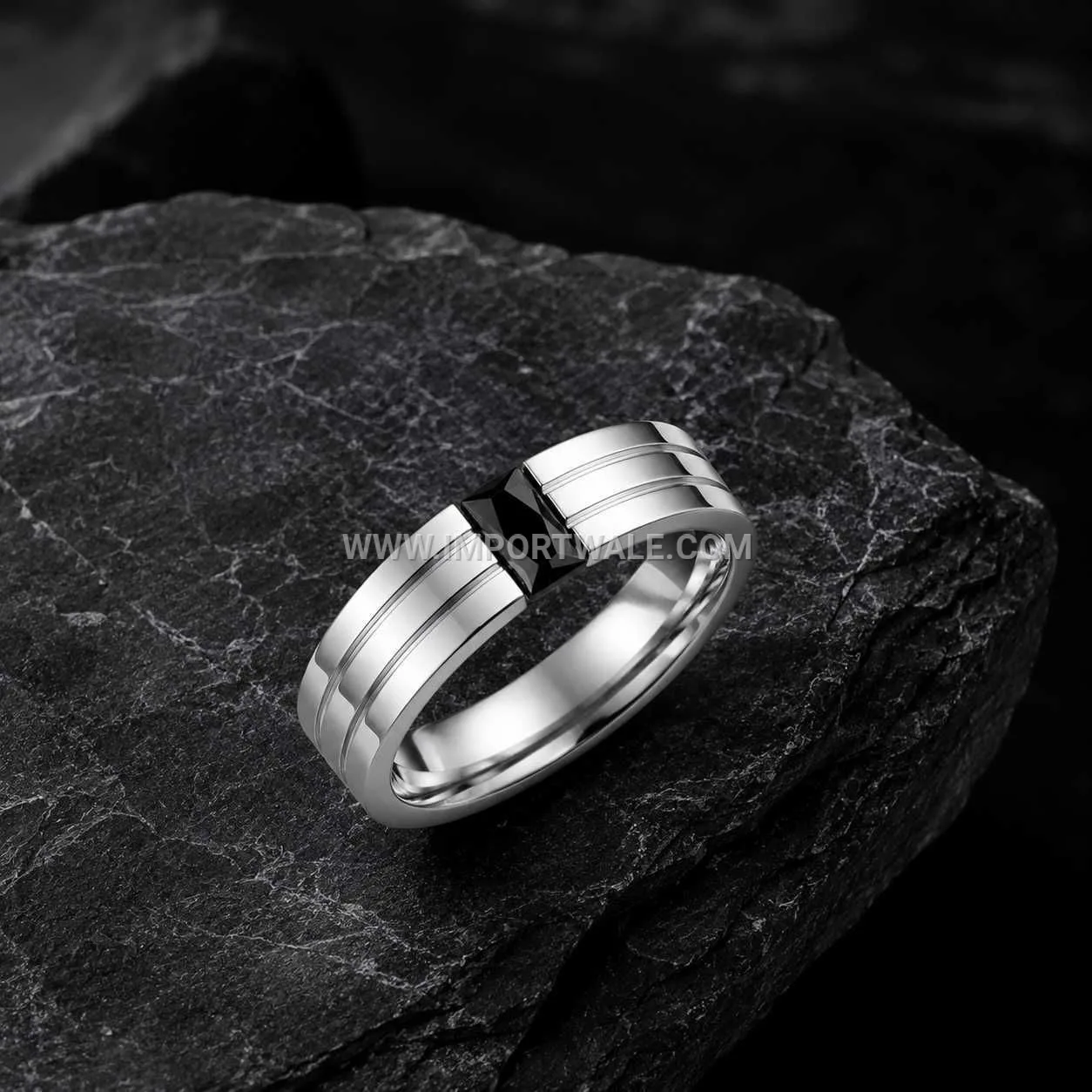 Geometric Stainless Steel Band Ring with Cubic Zirconia Accent