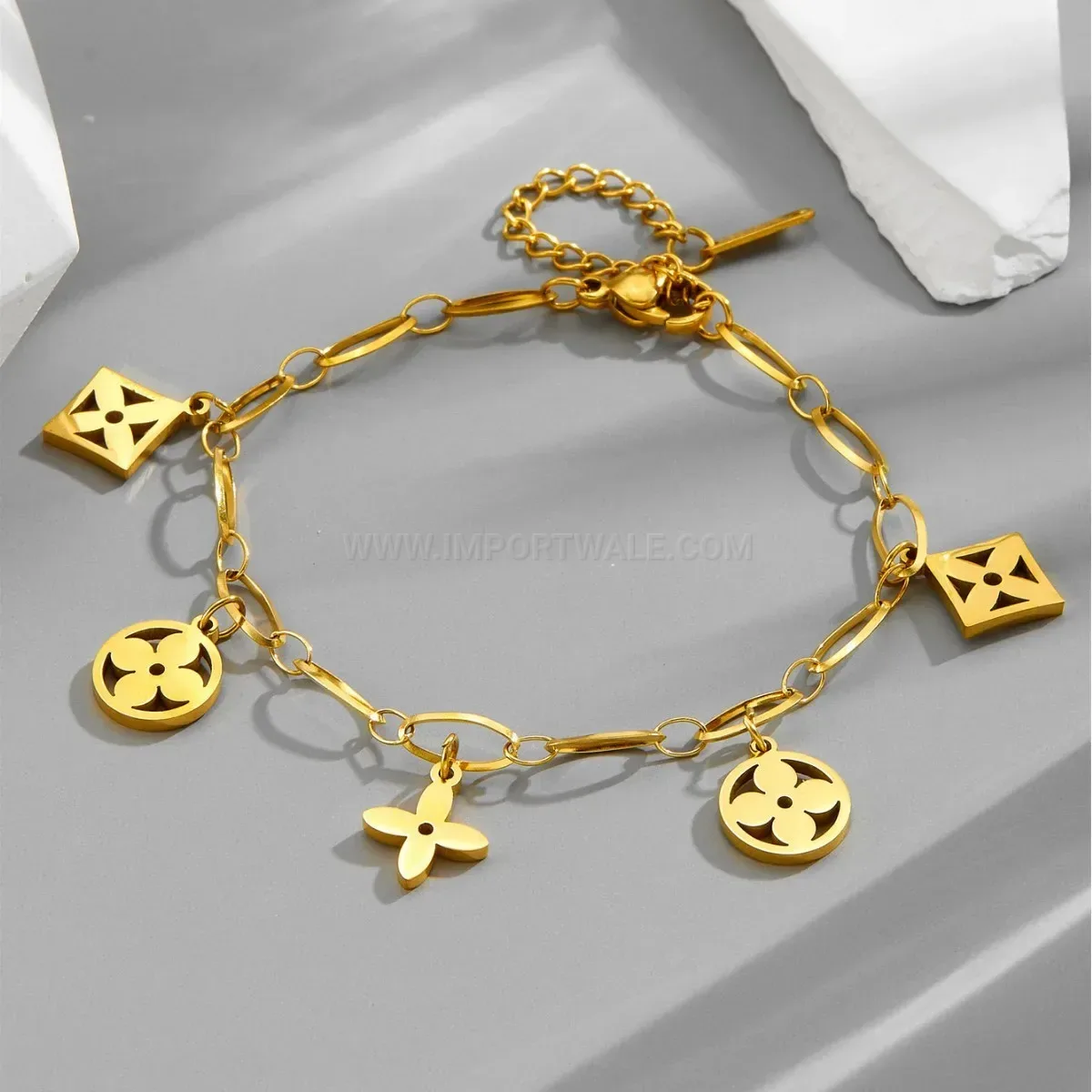 Gold Plated Stainless Steel Four Leaf Clover Tassel Charm Bracelet