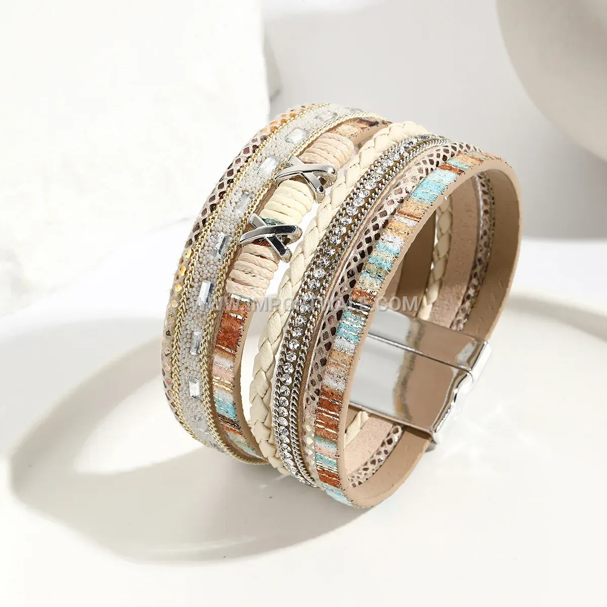 Multi Layer Beaded Faux Leather Bracelet With Magnetic Clasp
