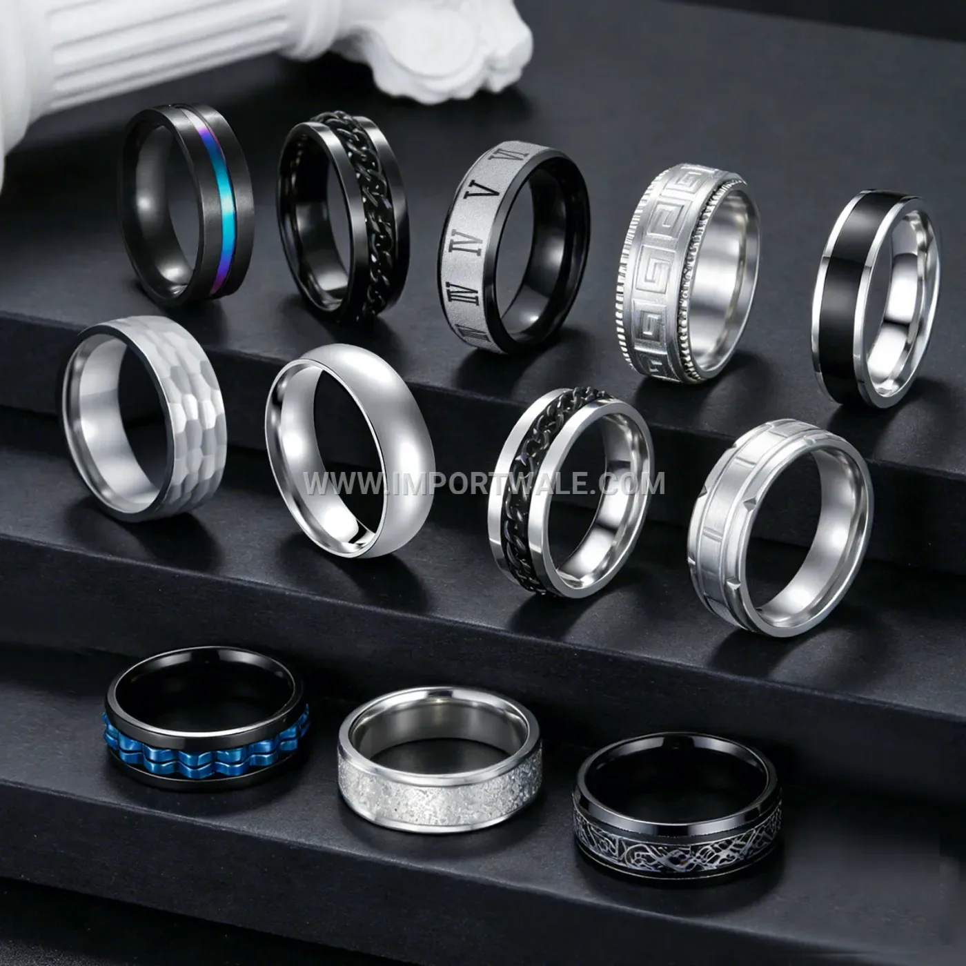 Rotating Chain Stainless Steel Geometric Ring Set